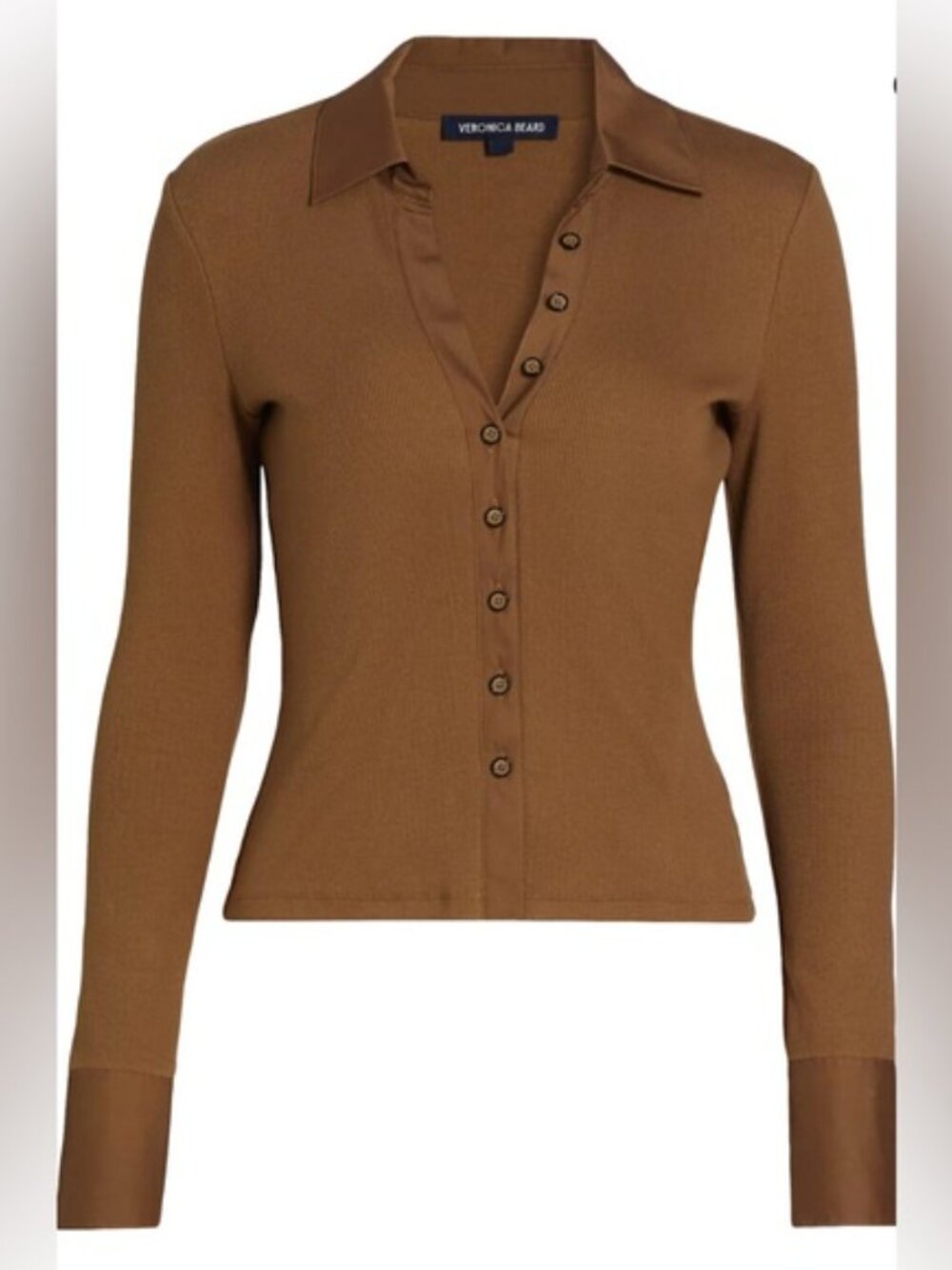 Veronica Beard Scottie Mixed Media Stretch Ribbed Cotton Button-Up Shirt XS